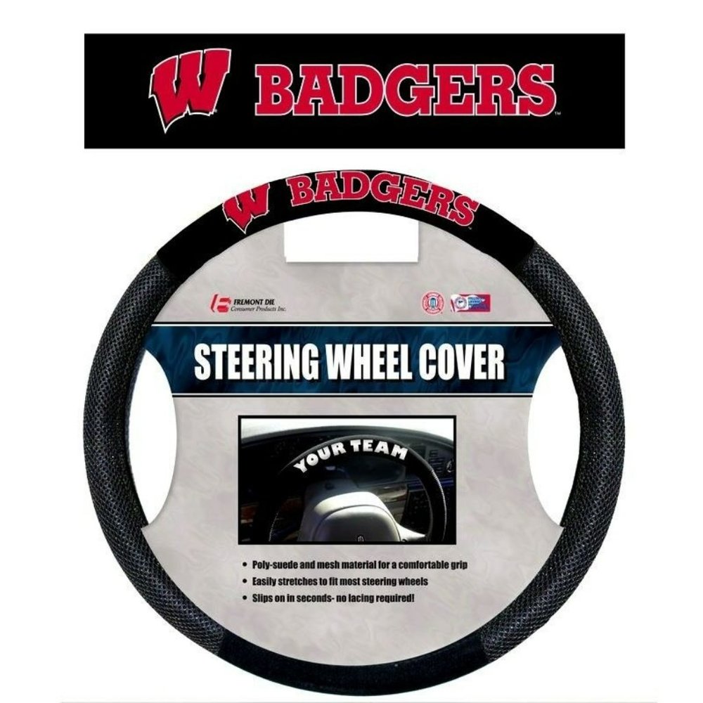 WISCONSIN BADGERS Steering Wheel Cover w/Team Logo Poly-Suede Fits Trucks/ Cars